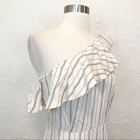 Ann Taylor One Shoulder Dress Cream Black Striped 4 - Picture 4 of 9